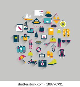 Travel icon circle concept. Retro flat icon collection. 