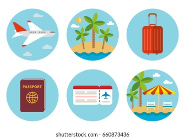 Travel icon circle set flat vector illustration luggage airplane ticket passport palm holiday vacation Tourism tourist sun passport ticket document control luggage tour. Summer beach palm cocos