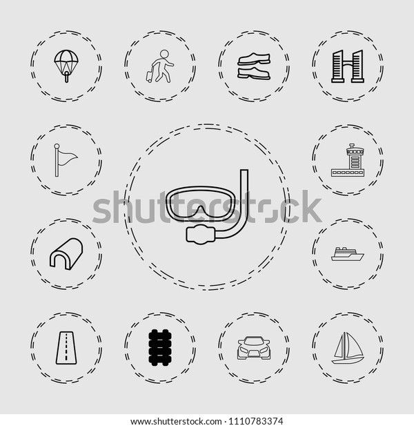 Travel icon. collection\
of 13 travel outline icons such as runway, tunnel, bridge,\
slippers, parachute, man with luggage, airport. editable travel\
icons for web and\
mobile.