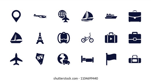 Travel icon. collection of 18 travel filled icons such as helicopter, eiffel tower, backpack, sailboat, bed, bicycle, map location. editable travel icons for web and mobile.