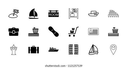 Travel icon. collection of 18 travel filled and outline icons such as plane seats, airport, room tag, sailboat, snow board, case. editable travel icons for web and mobile.