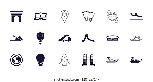 Travel icon. collection of 18 travel filled and outline icons such as plane landing, air balloon, water military, airport, bridge. editable travel icons for web and mobile.