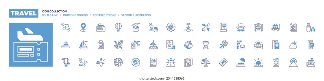 Travel icon collection. Bold line style. Duotone colors. Editable stroke. cable car, gear, airplane, travel, global shipping, passport, sailing, route, world, runway.