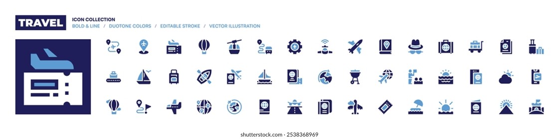 Icono de viaje colección. Estilo audaz. Duotone colores. marcador de posición, viaje, transportador, barco, vela, ruta, destino, avión, globo de aire, globo de aire caliente.