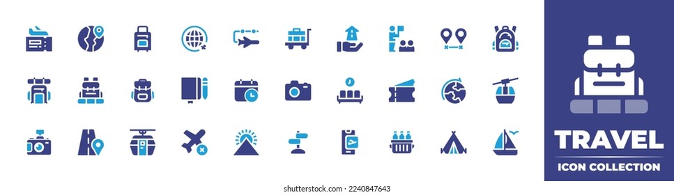 Travel icon collection. Duotone color. Vector illustration. Containing travel, luggage, future, tour, destination, backpack, camping, notebook, schedule, camera, waiting room, ticket, global shipping.