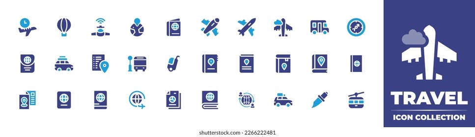 Travel icon collection. Duotone color. Vector illustration. Containing flight time, air balloon, airplane, planet earth, visa, plane, caravan, compass, passport, car, checklist, bus stop, travel bag.