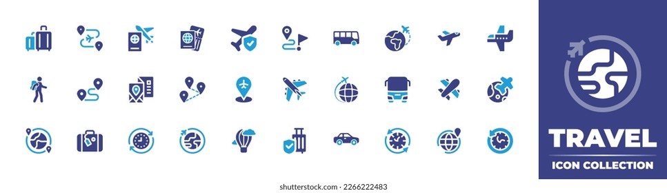 Travel icon collection. Duotone color. Vector illustration. Containing luggage, route, travel, passport, travel insurance, destination, bus, airplane, traveler, distance, travel guide, placeholder.