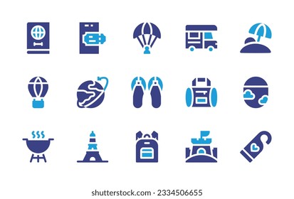 Travel icon collection. Duotone color. Vector illustration. Containing check in, runway, passport, luggage, doorknob, kayak, car, bag, photo camera, tent, igloo, road, flyer, surfboard, sunset.