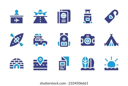 Travel icon collection. Duotone color. Vector illustration. Containing route, file, passport, world, zeppelin, sailboat, rescue boat, world globe, ticket, sailing, backpack, planet earth, airplane.