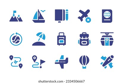 Travel icon collection. Duotone color. Vector illustration. Containing conveyor, backpack, van, boat, suitcase, direction, travel insurance, passport, travel, around the world, travel guide. 
