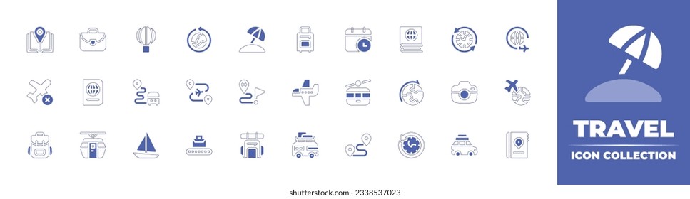 Travel icon collection. Duotone style line stroke and bold. Vector illustration. Containing guide book, briefcase, hot air balloon, around the world, beach, travel, schedule, and more.