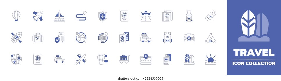 Travel icon collection. Duotone style line stroke and bold. Vector illustration. Containing air balloon, plane, sailing, direction, travel insurance, passport, runway, luggage, doorknob, and more.
