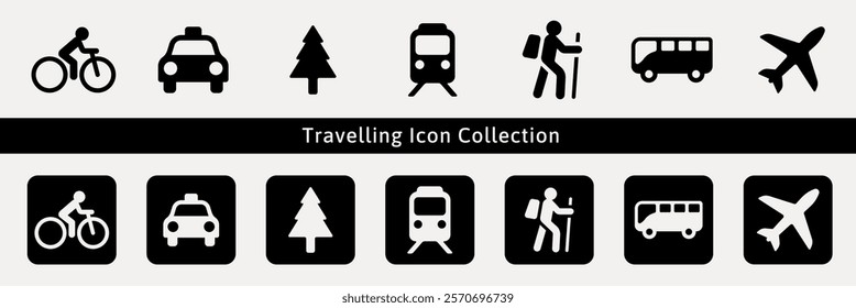 Travel icon collection featuring bicycle, taxi, tree, train, hiker, bus, airplane. Simple travel icons for travel themes. User interface icon vector set.