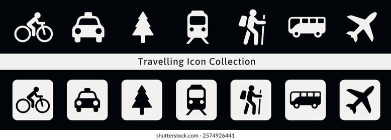 Travel icon collection featuring bicycle, taxi, tree, train, hiker, bus, airplane. Icons represent travel, transportation, and outdoor activities. User interface icon vector set.