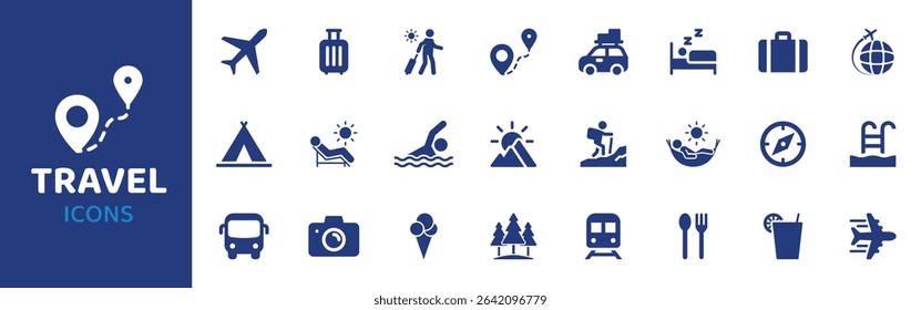 Viagem - Coleção de Ícones. O conjunto de linhas finas contém ícones como Viagem, Viagem, Voo, Passaporte, Bagagem, Mala, Mapa e muito mais. Conjunto de ícones simples da Web.
