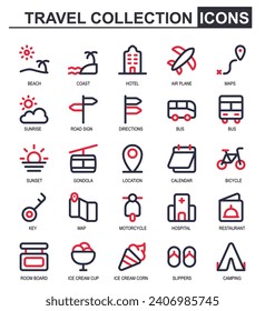 travel icon collection.2 color outline.contains beach,Coast,hotel,stay,airplane,bus,restaurant,menu,ice cream,map,location,sunrise.editable stroke.
