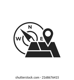 icono de viaje. brújula y mapa con pin de ubicación. símbolo de senderismo, viaje y orientación. imagen vectorial aislada para diseño turístico