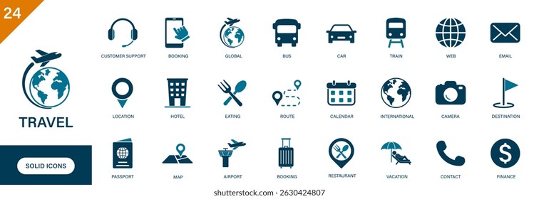 Travel icon. Containing bus, camera, plane, schedule, eating, passport. Solid vector icon set.