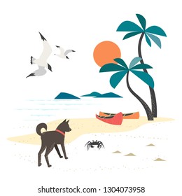 Travel icon. Cute hand drawn cartoon. Quirky sand crab, dog, seagull. Escape to tropical island design element. Seaside journey. Seashore leisure background. Vector vintage retro color illustration