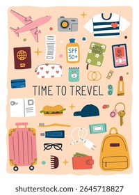 Travel icon. Cute packing vacation essentials. Suitcase and luggage, passport and tickets, summer clothes, cosmetics, gadgets. Doodle trip planning cartoon flat. Vector holiday adventure illustration