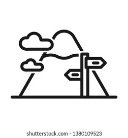 Travel icon, direction board with the mountain in the back. Stroke outline style. Vector. Isolate on white background.