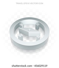 Travel icon: Flat metallic 3d Compass, transparent shadow on light background, EPS 10 vector illustration.