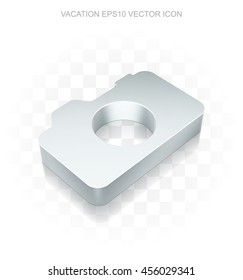 Travel icon: Flat metallic 3d Photo Camera, transparent shadow on light background, EPS 10 vector illustration.