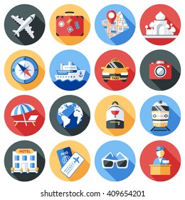 Travel Icon Flat Set In Round Shapes And Isolated On Tourist Theme Elements And Attributes For Travel Vector Illustration