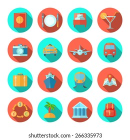 Travel icon flat set with tourist and summer vacation symbols isolated vector illustration