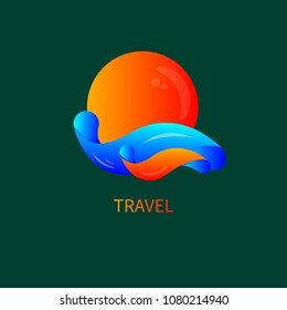 Travel icon, gradient orange sun and blue waves, resort logo, spa. - vector stock