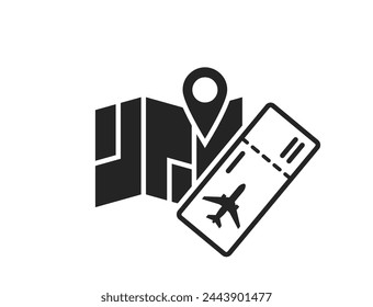 travel icon. map and flight ticket. vacation and journey symbol. black and white vector image for tourism design