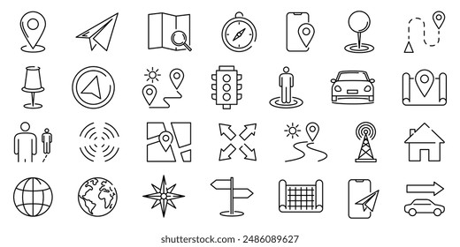 Travel icon. Map location and navigation icons set. Linear icons set.