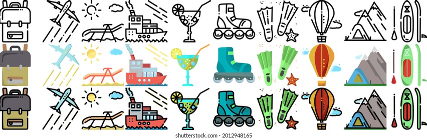 Travel icon pack. 30 icons. A set of icons in different styles. Line and Flat styles. Themes are leisure, travel and sports.