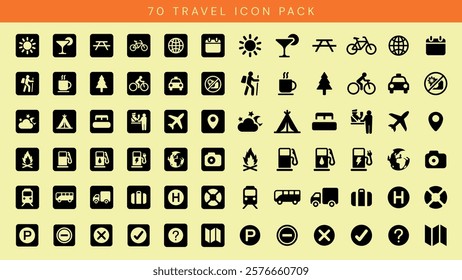 Travel icon pack with 70 icons. Travel icons include transportation, camping, and navigation. Perfect for travel-themed projects and travel apps. User interface icon vector set.