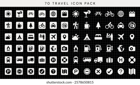 Travel icon pack with 70 icons. Includes travel, transportation, and outdoor symbols. Travel icons for maps. User interface icon vector set.