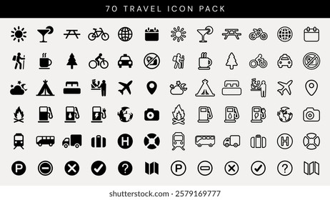 Travel icon pack with 70 icons. Includes travel symbols like planes, cars, and bikes. Perfect for travel-themed projects. Travel icons for easy use. User interface icon vector set.