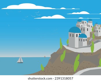 Travel Icon place Greek island Santorini with sea and sailing boats. Vector Illustration