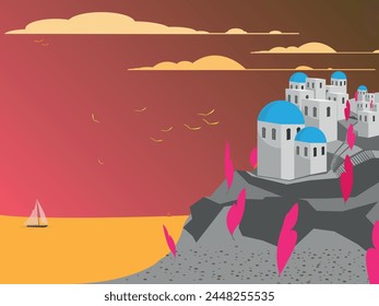 Travel Icon place Greek island Santorini with sea and sailing boats. Vector Illustration	