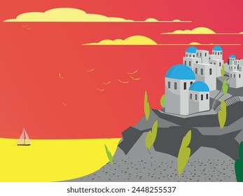 Travel Icon place Greek island Santorini with sea and sailing boats. Vector Illustration	