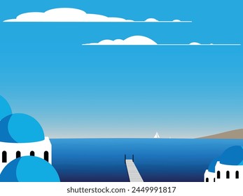 Travel Icon place Greek island Santorini with sea and sailing boats. Vector Illustration