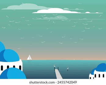 Travel Icon place Greek island Santorini with sea and sailing boats. Vector Illustration	