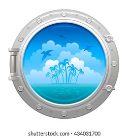 Travel icon with porthole, blue sea water, tropical island with palm treesand seagulls
