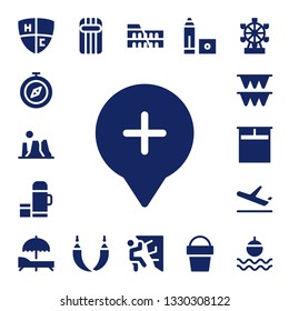 travel icon set. 17 filled travel icons.  Collection Of - Emblem, Compass, Canyon, Location, Thermo, Flags, Double bed, Plane, Sunbed, Inflatable, Hammock, Colosseum, Climbing