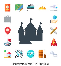 travel icon set. 17 flat travel icons.  Collection Of - passport, briefcase, maps and flags, sand castle, flag, globe, drawing, rocket, beach house, map, worldwide, jet ski, pyramid