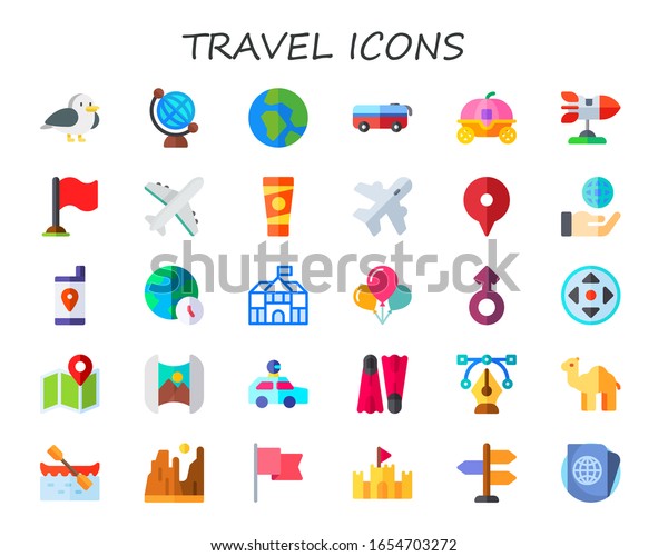 travel icon\
set. 30 flat travel icons.  Simple modern icons such as: seagull,\
earth globe, planet earth, bus, cinderella carriage, rocket, flag,\
airplane, sun lotion,\
aviation