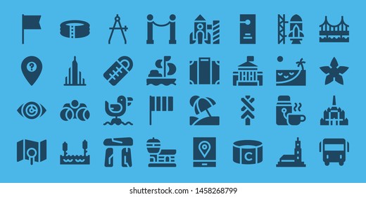 "travel icon set. 32 filled travel icons. on blue background style Collection Of - Flag