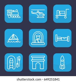 Travel icon. set of 9 outline travel icons such as luggage, airport officer, bed, arc de triomphe, locomotive, boat, helicopter, rocket