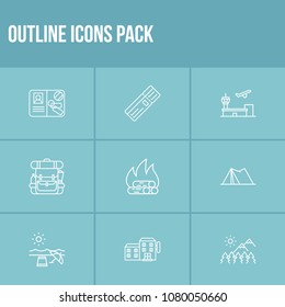 Travel icon set and travel backpack with summer beach, outdoor and picnic. Tent related travel icon vector for web UI logo design.