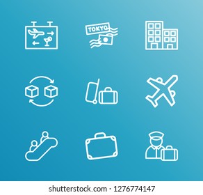 Travel icon set and baggage with japan stamp, airport escalator and suitcase. Check point related travel icon vector for web UI logo design.