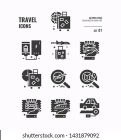 Travel icon set, Baggage, ticket, transportation, flight, airplane and more, Glyph icons Design. vector
